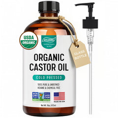 SYLVANA Organic Castor Oil in amber bottle with pump for clean, precise application.