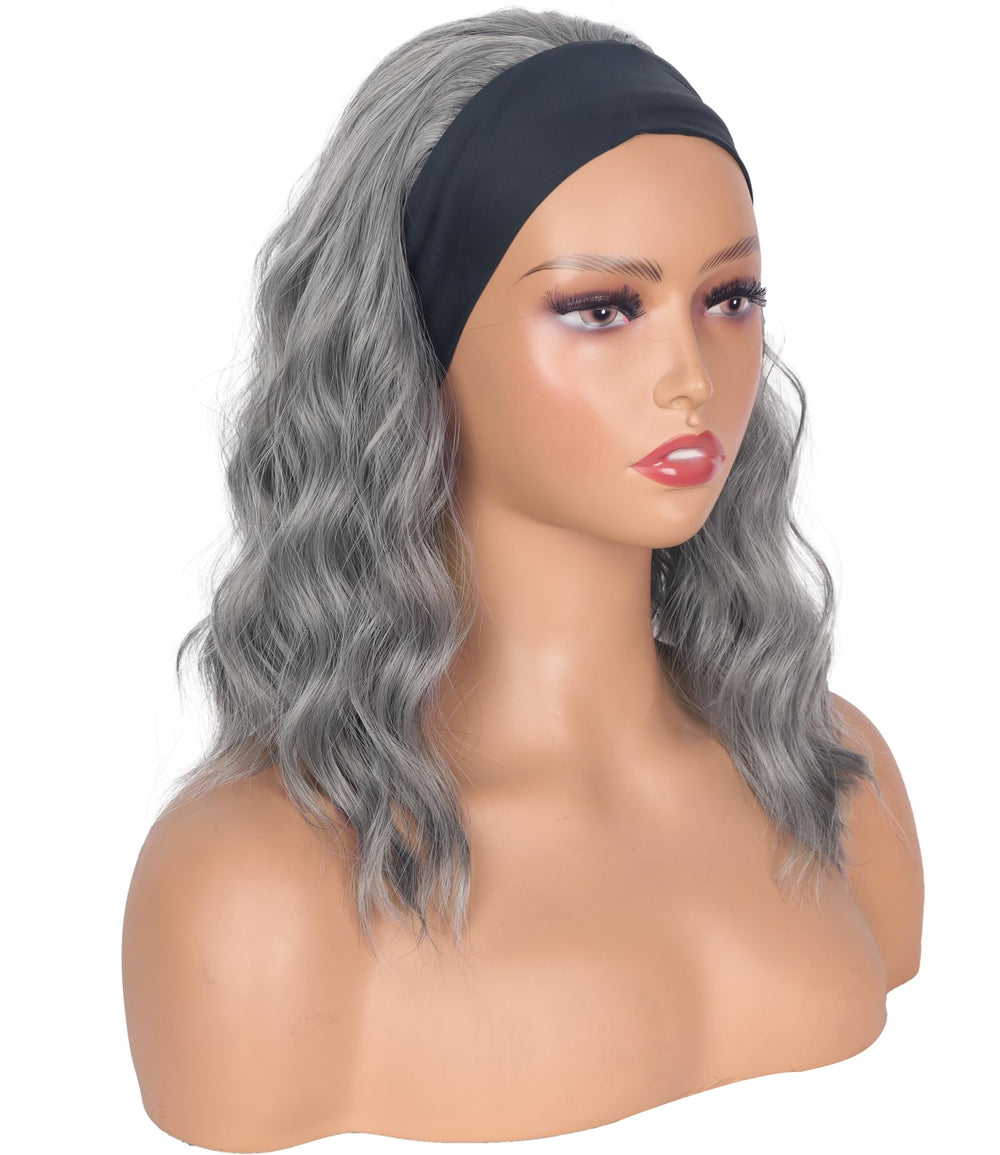 SYMEIW gray headband wig with adjustable band for secure, comfortable wear.
