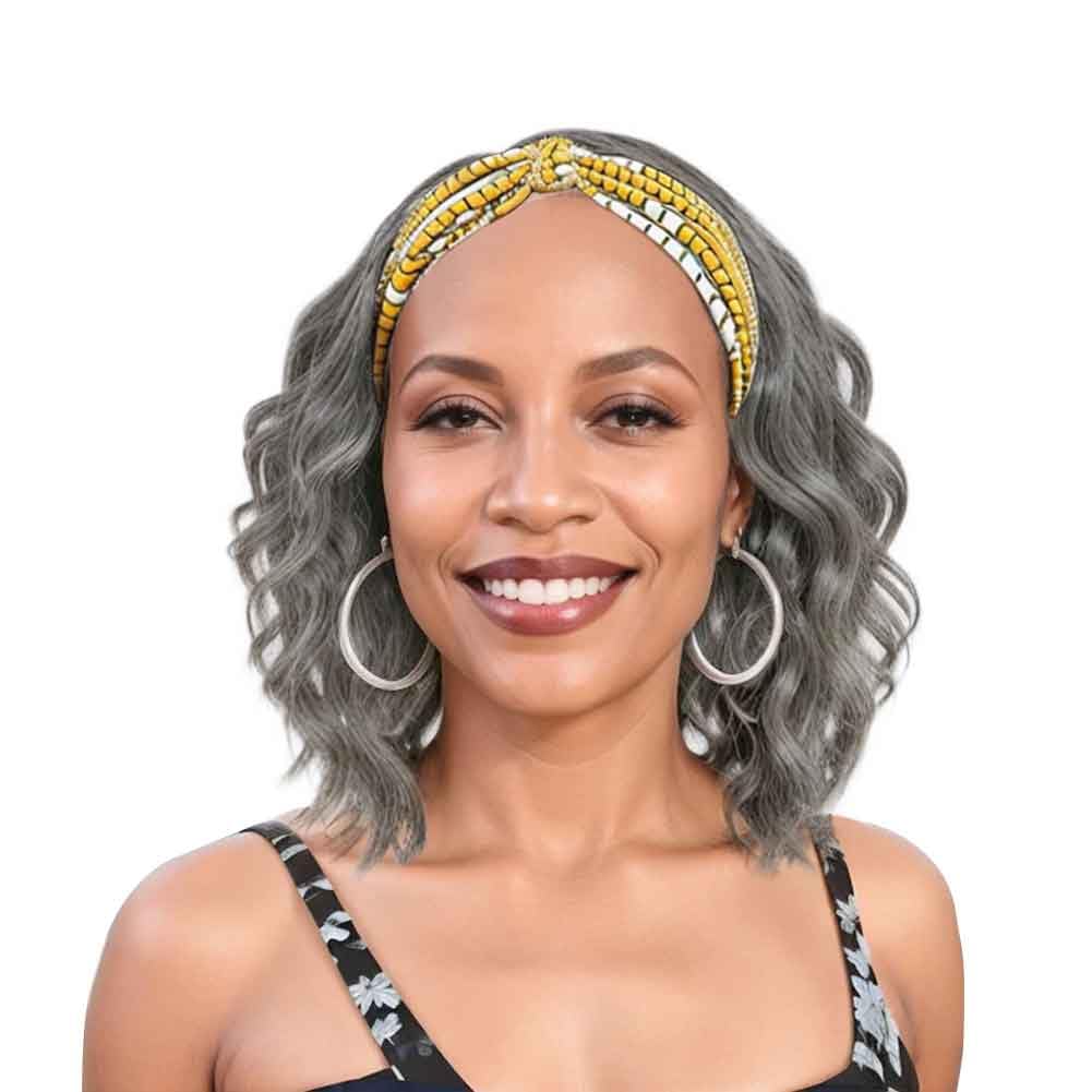 SYMEIW Silver Grey Wavy Headband Wig showing easy glueless fit and natural hairline.