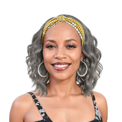 SYMEIW Silver Grey Wavy Headband Wig showing easy glueless fit and natural hairline.