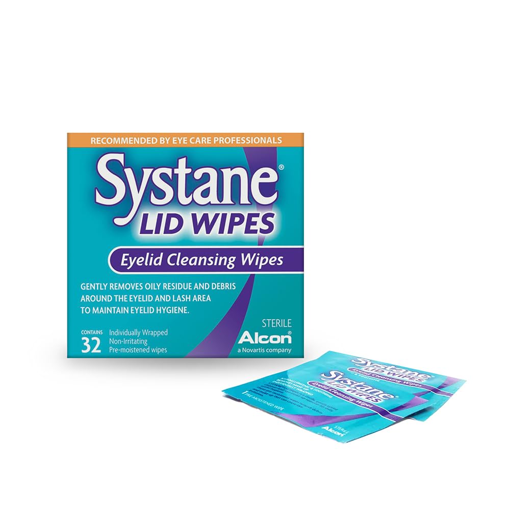 Toallitas Systane para párpados estériles en empaque, limpieza suave.