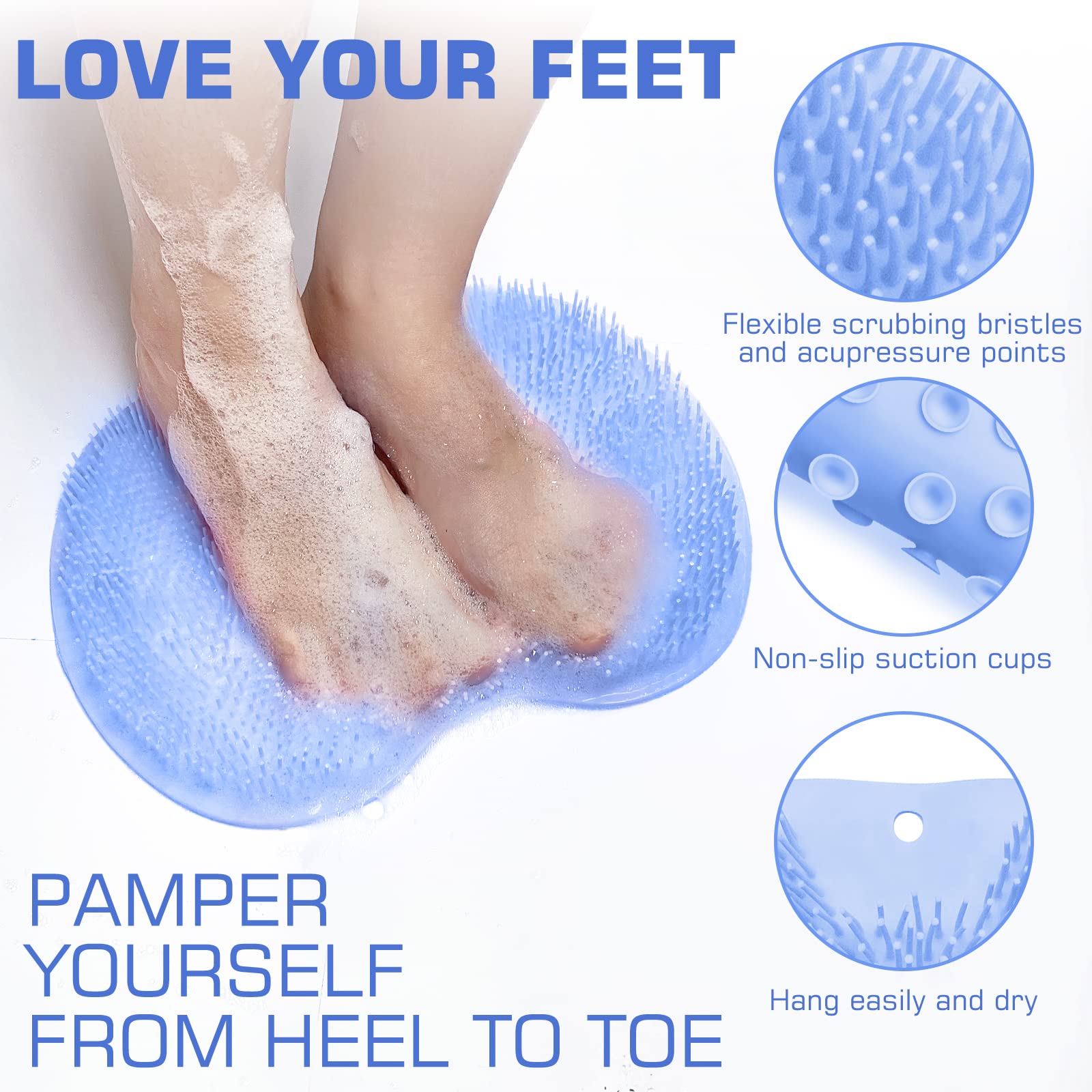 SZZYXD Wall-mounted suction cups secure the scrubber in smooth showers.