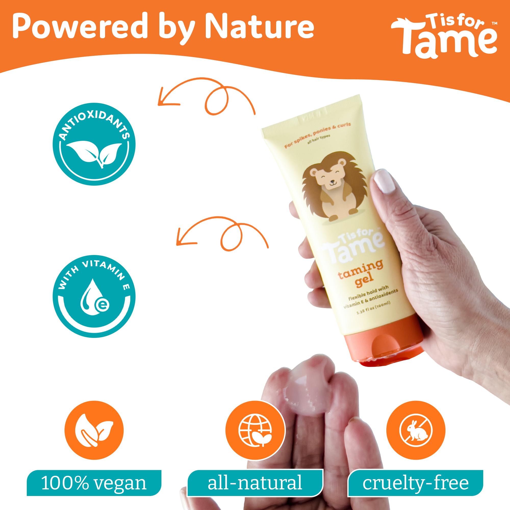 T is for Tame: ingredientes naturales con vitamina E para cabello nutrido.