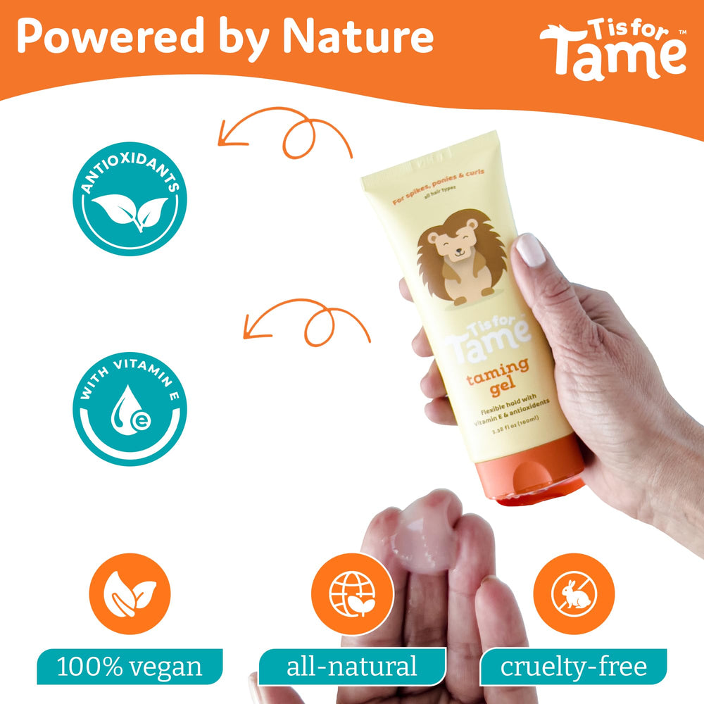 T is for Tame: ingredientes naturales con vitamina E para cabello nutrido.
