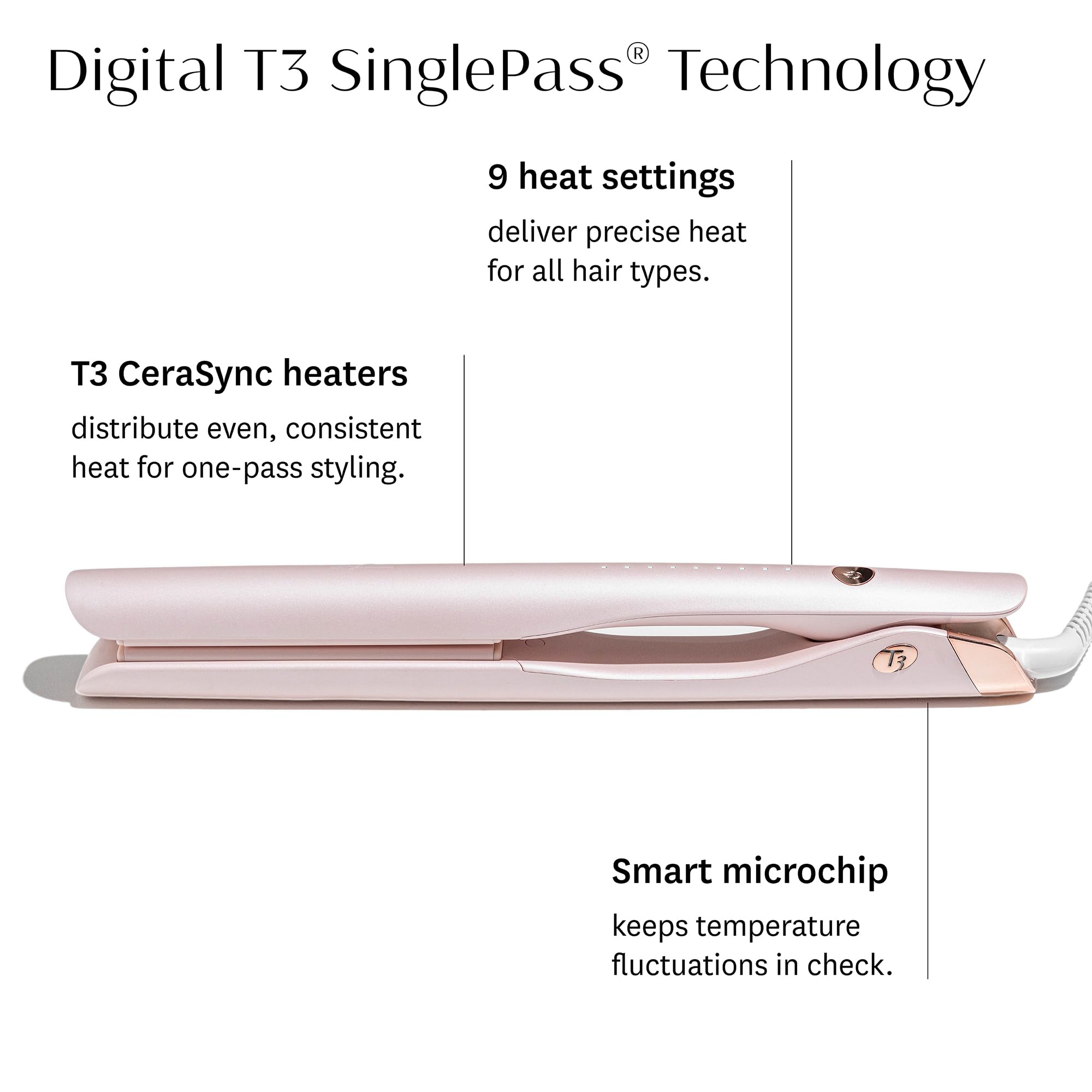 Digital display showing nine heat settings for versatile styling options.