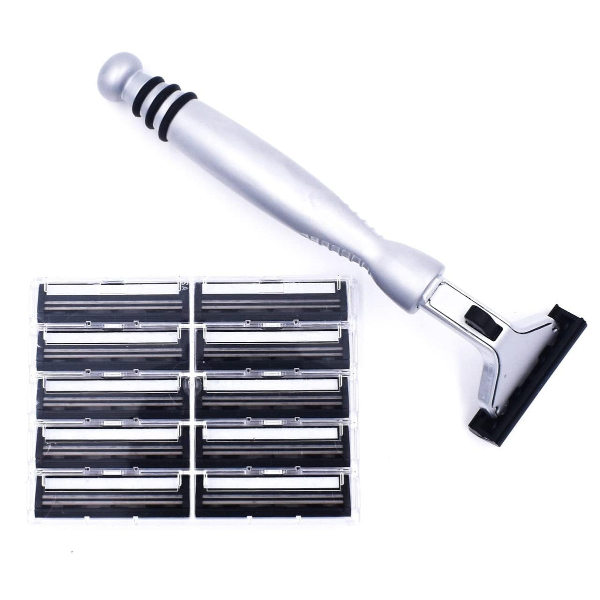 Taconic Shave all-metal heavyweight razor handle with chrome finish for durability.