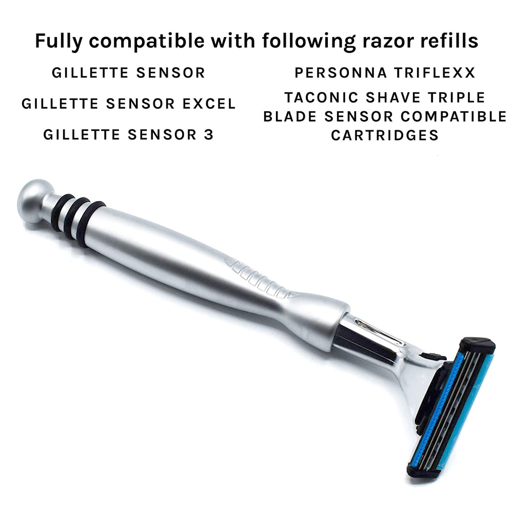Taconic Shave sensor-compatible blade cartridge compatibility for easy replacement.