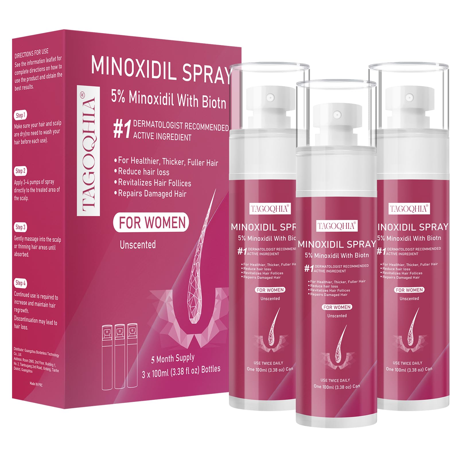 TAGOQHIA 5% Minoxidil women bottle targets thinning areas for regrowth potential.