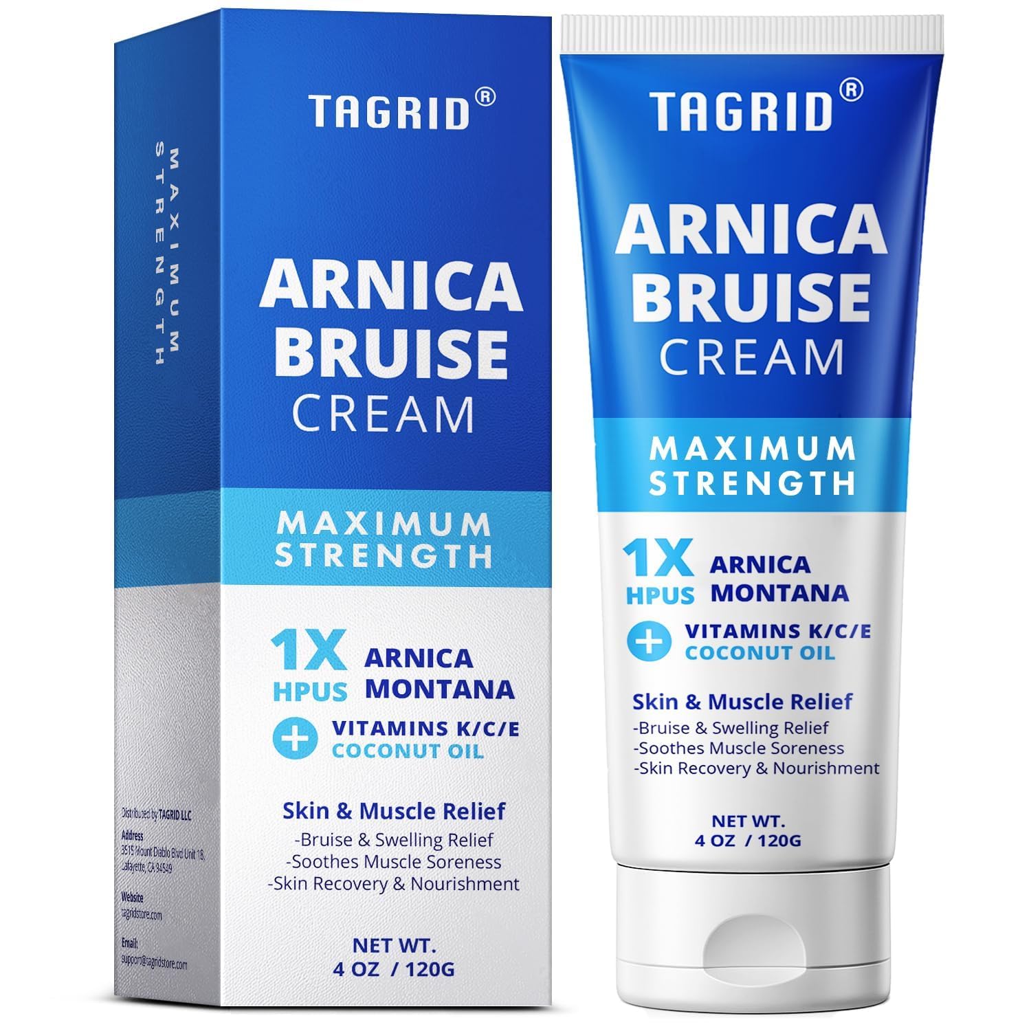 TAGRID Arnica Cream pack shot showing the 4 oz container for bruise relief.