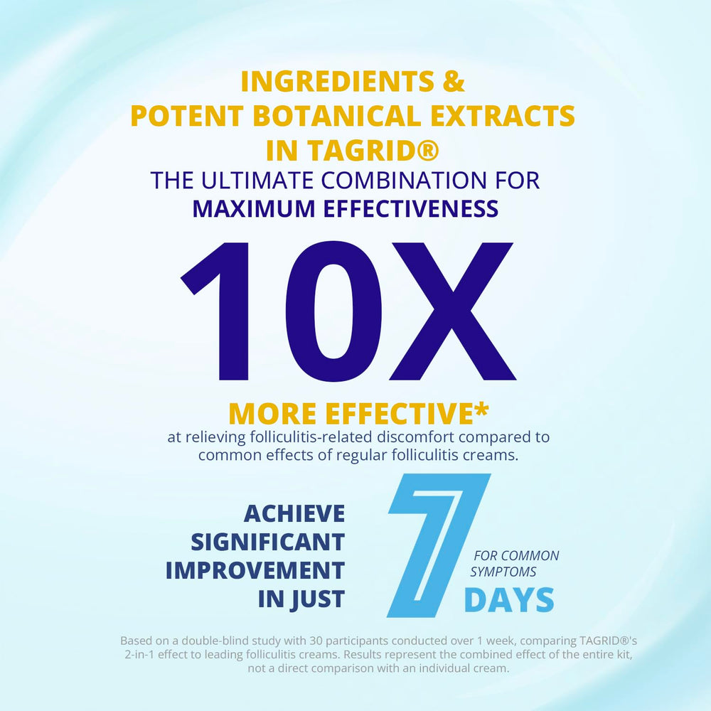TAGRID Folliculitis Cream label close-up highlights natural ingredients.