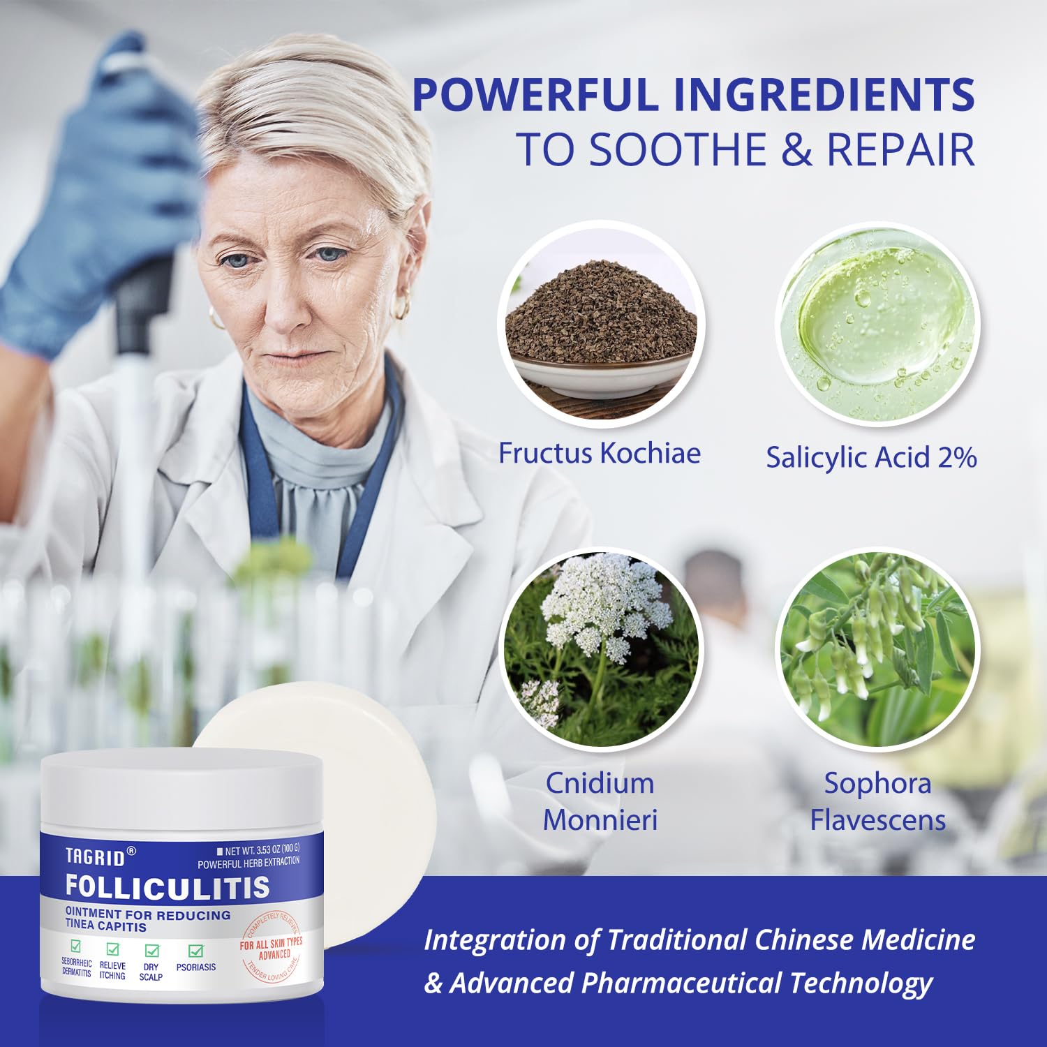 TAGRID Folliculitis Cream applied to scalp area for comforting relief.