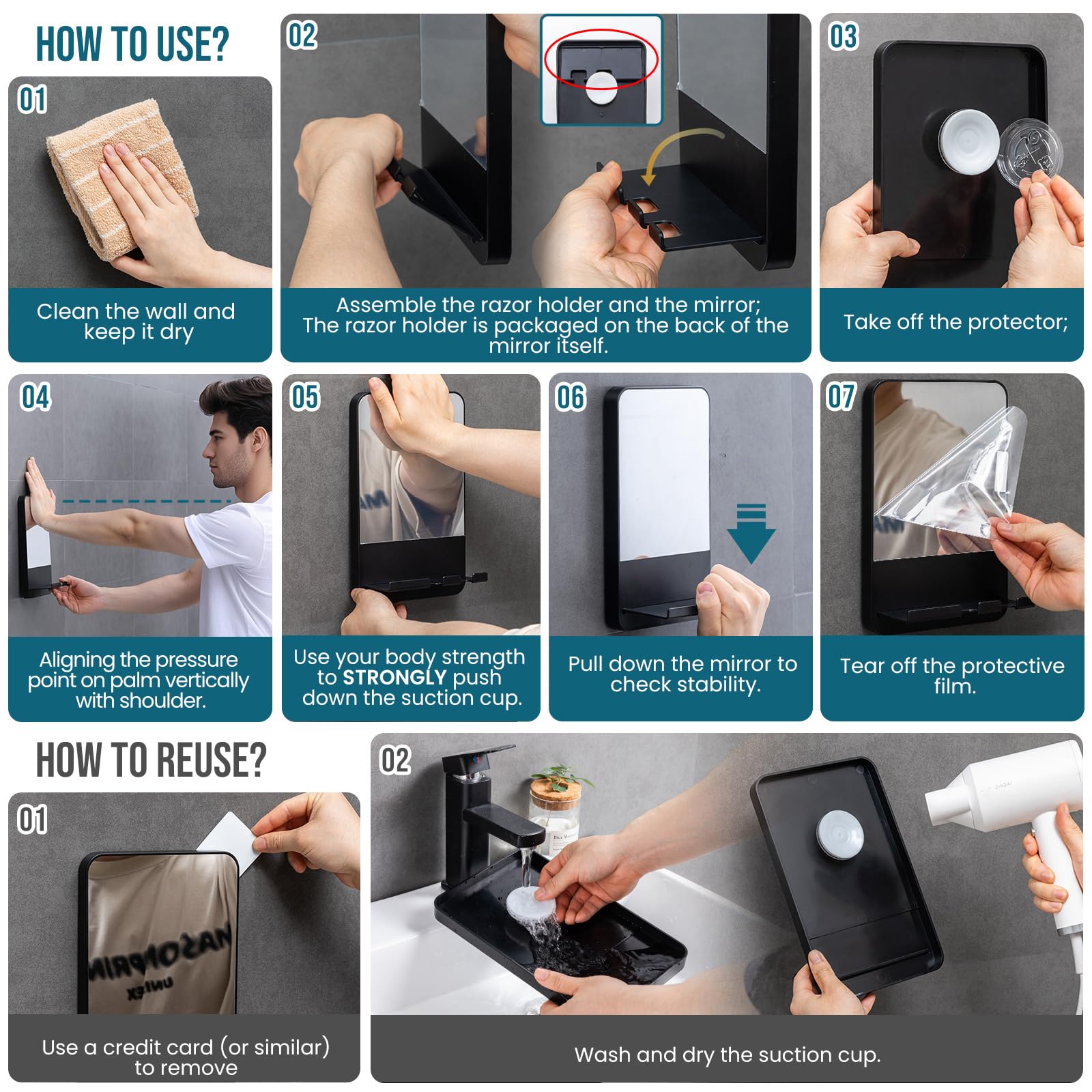 TAILI removable shower mirror sticks securely and leaves no residue behind.