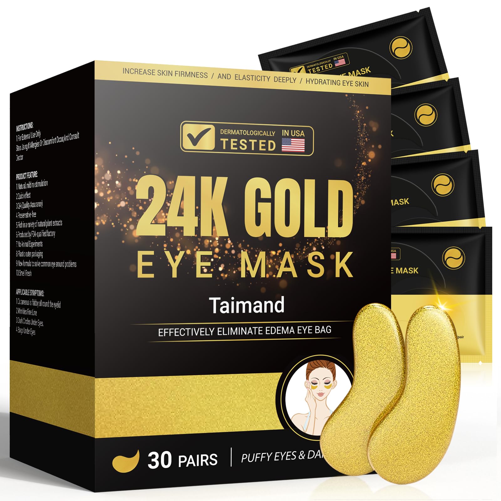 TAIMAND parches ojos 24K oro, alivian ojeras y bolsas para un aspecto más fresco.