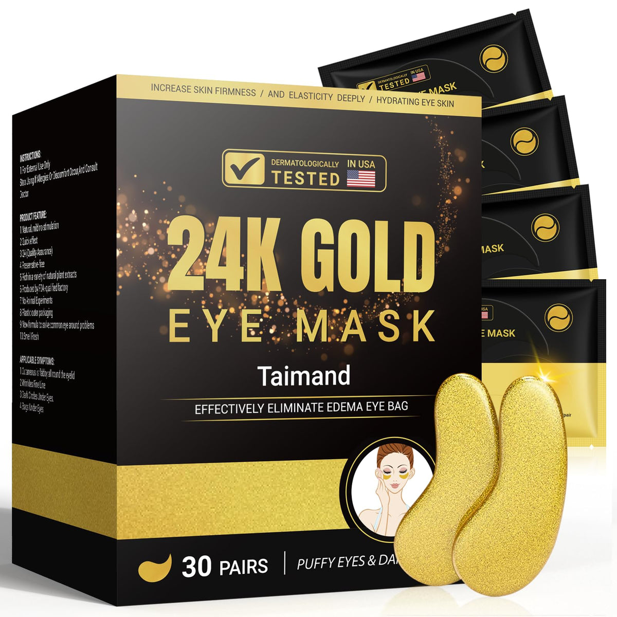 TAIMAND parches ojos 24K oro, alivian ojeras y bolsas para un aspecto más fresco.
