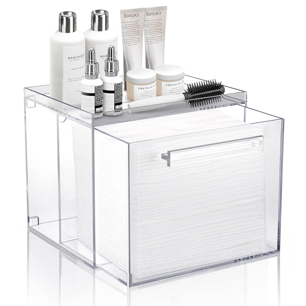 TAINESS wall-mount acrylic towel box holding towels in a clean, dust-free display