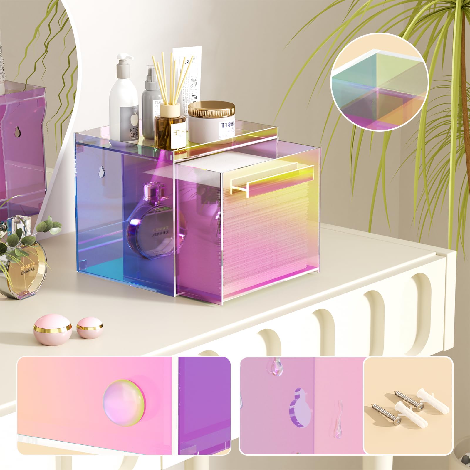 TAINESS rainbow acrylic drawer detail; transparent lid seals dust and moisture for clean towels.