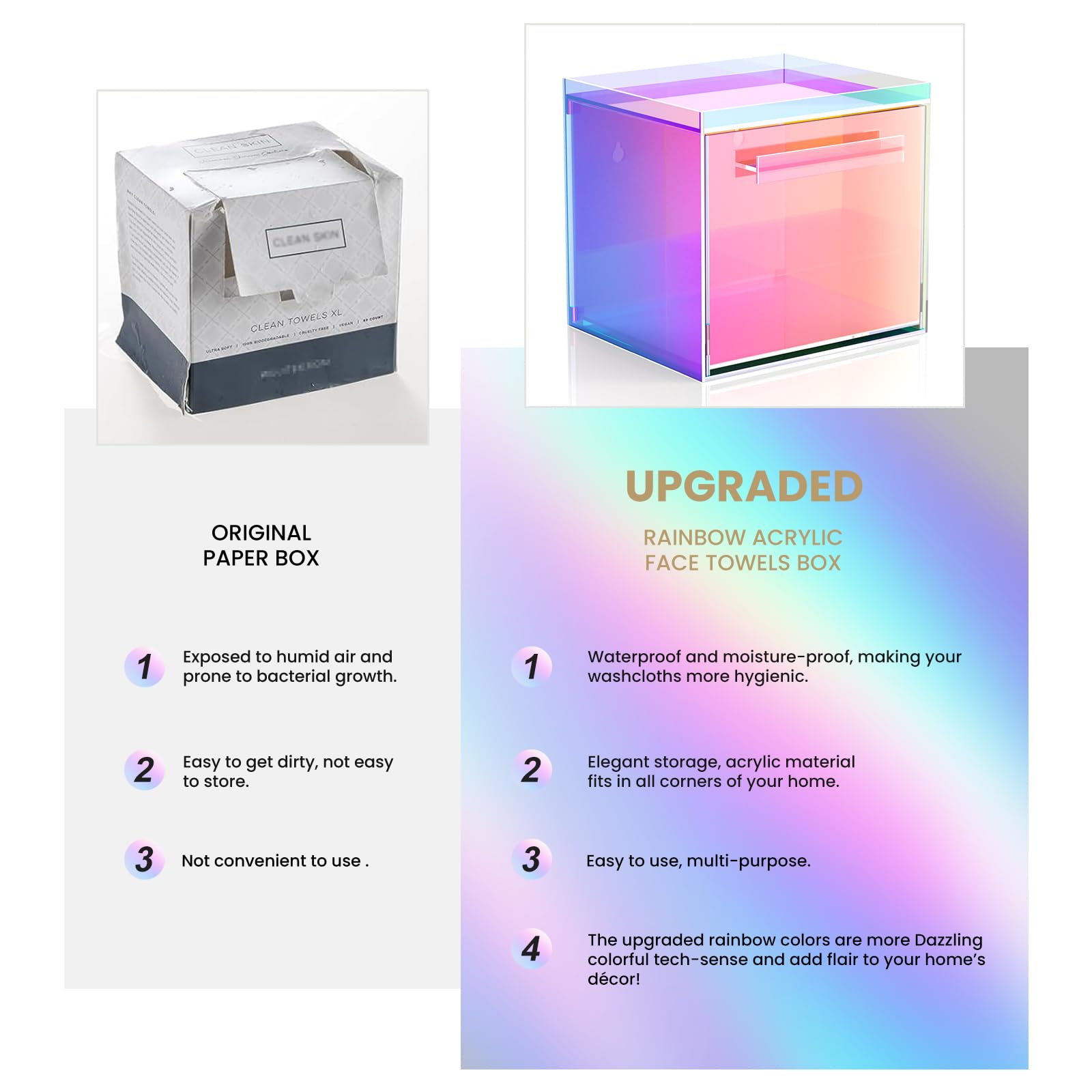 TAINESS rainbow box top design; raised lid helps keep towels clean and accessible.