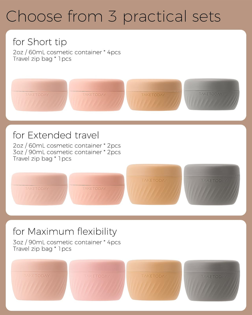 TakeToday mixed 2oz and 3oz sets offer flexible packing options.