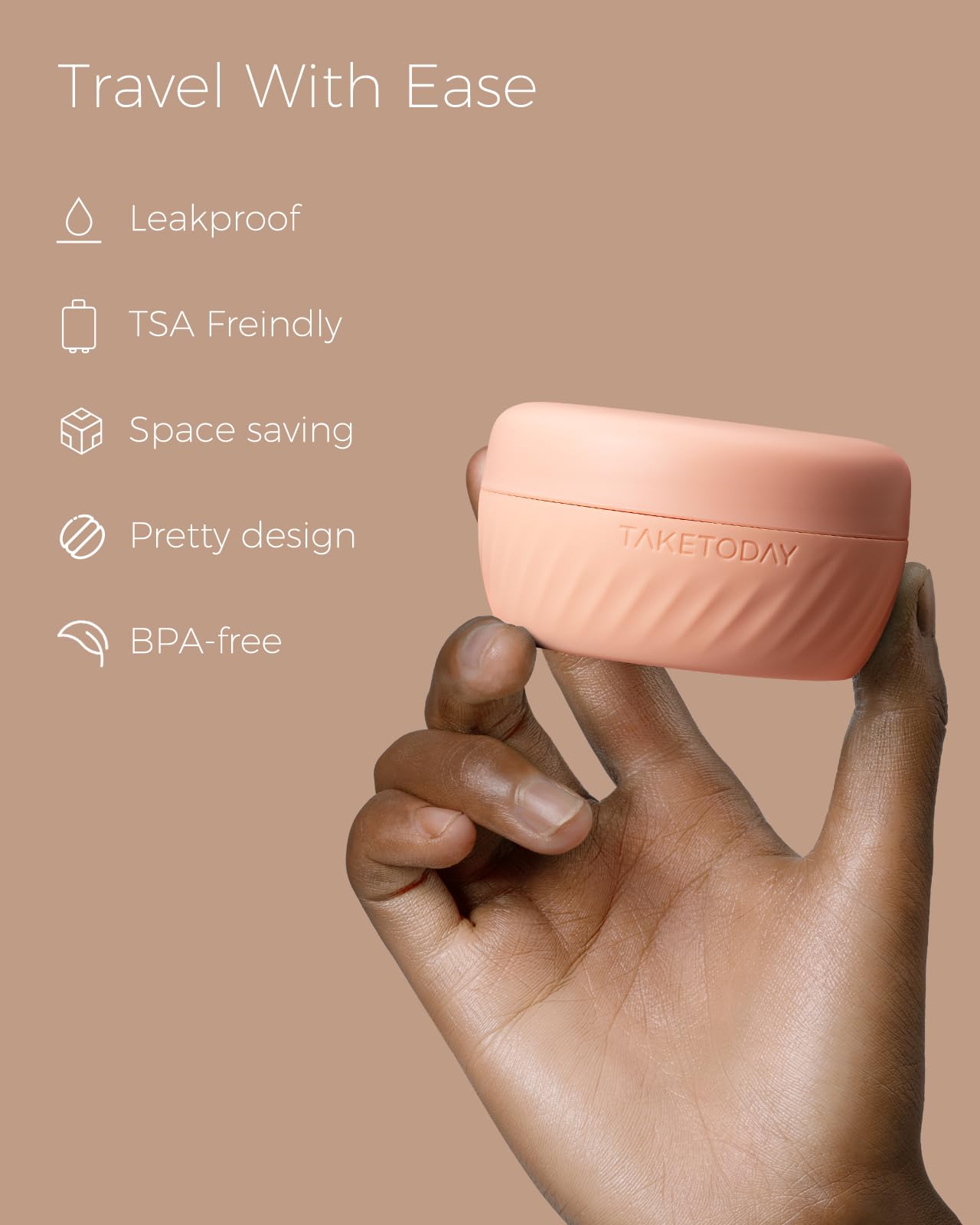 TakeToday apricot 3oz travel containers ideal for longer trips with secure lids.