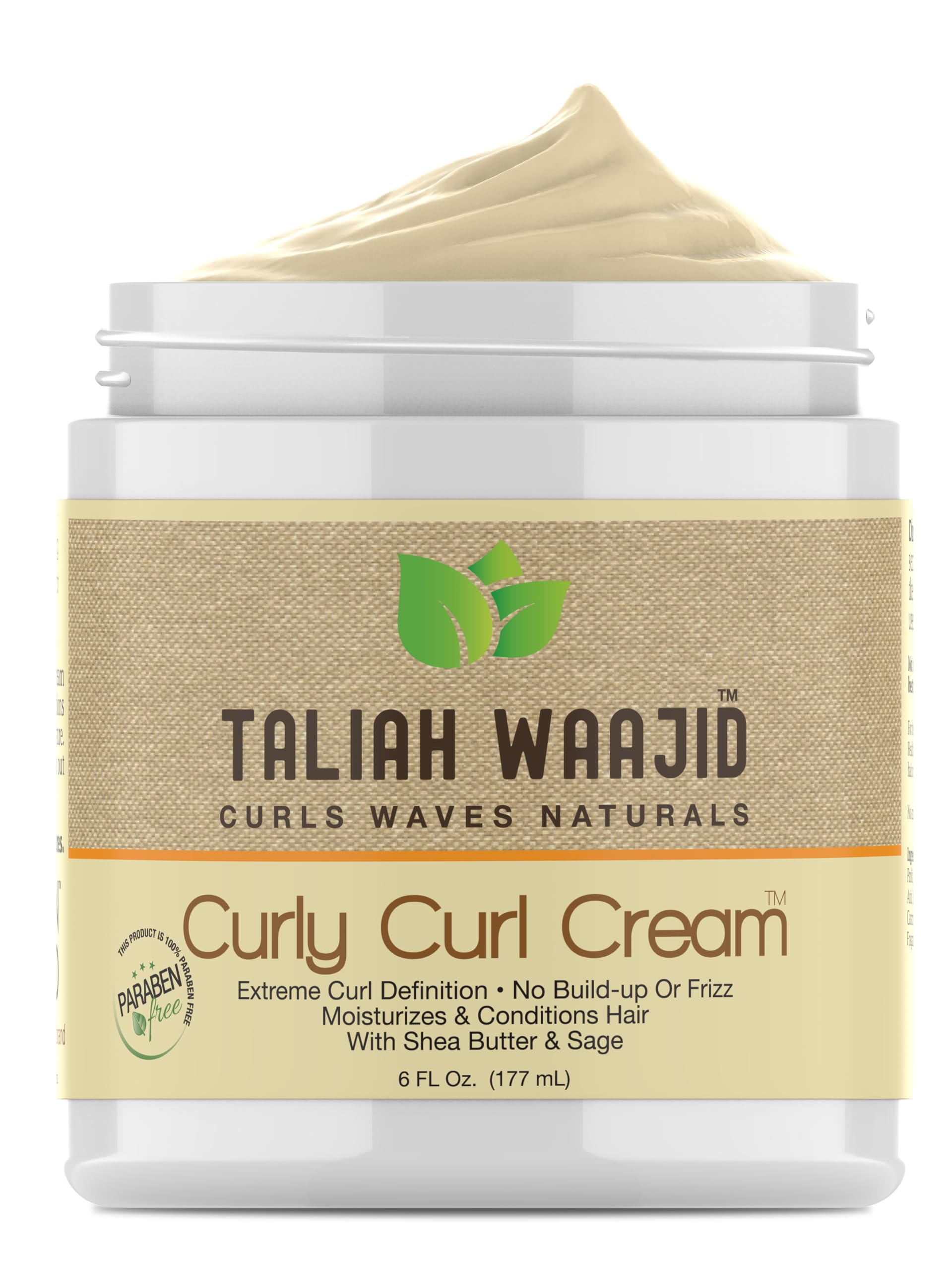 Taliah Waajid Curly Curl Cream en bote frontal, definición suave de rizos.