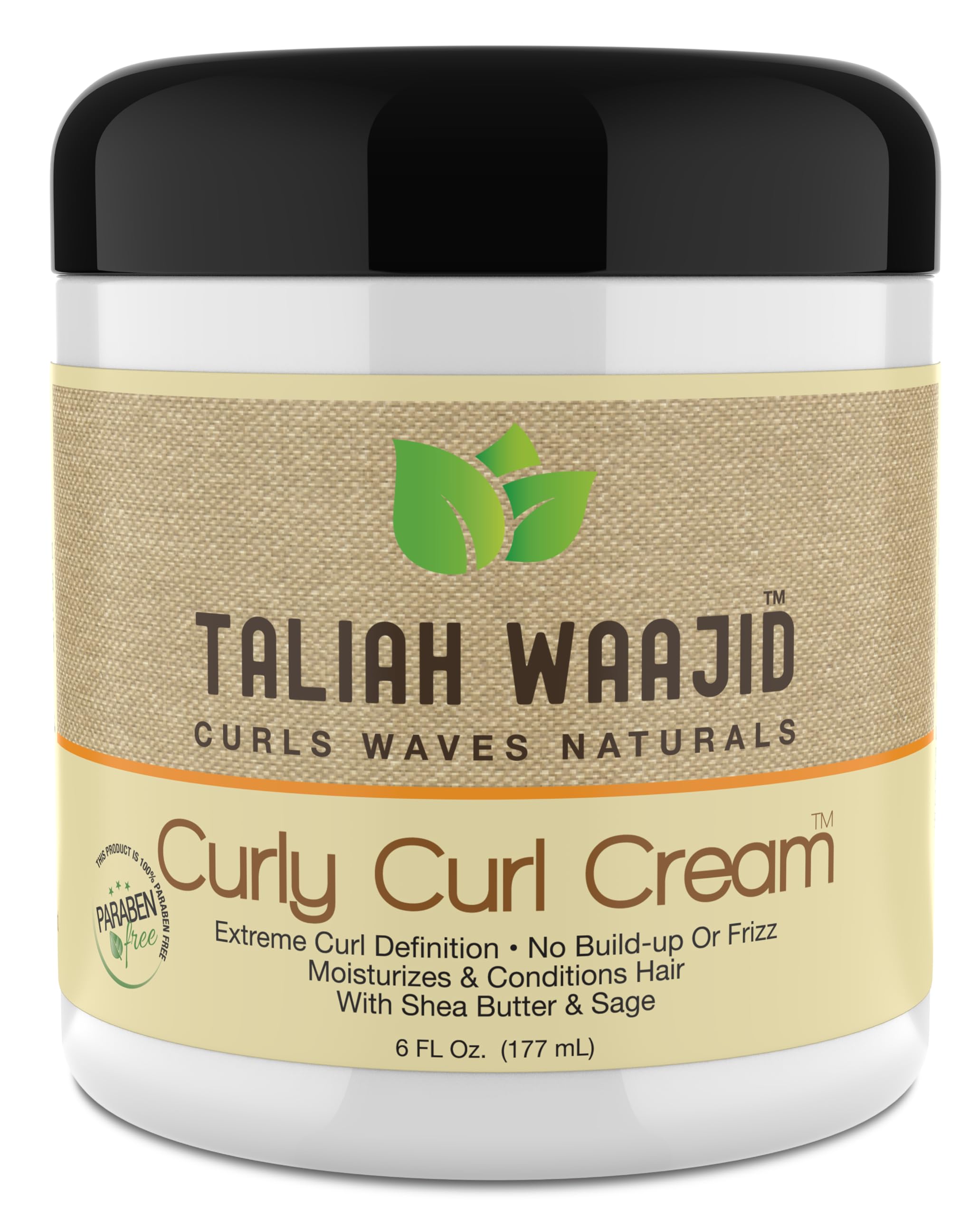 Etiqueta de Taliah Waajid Curly Curl Cream, muestra ingredientes naturales para rizos saludables.