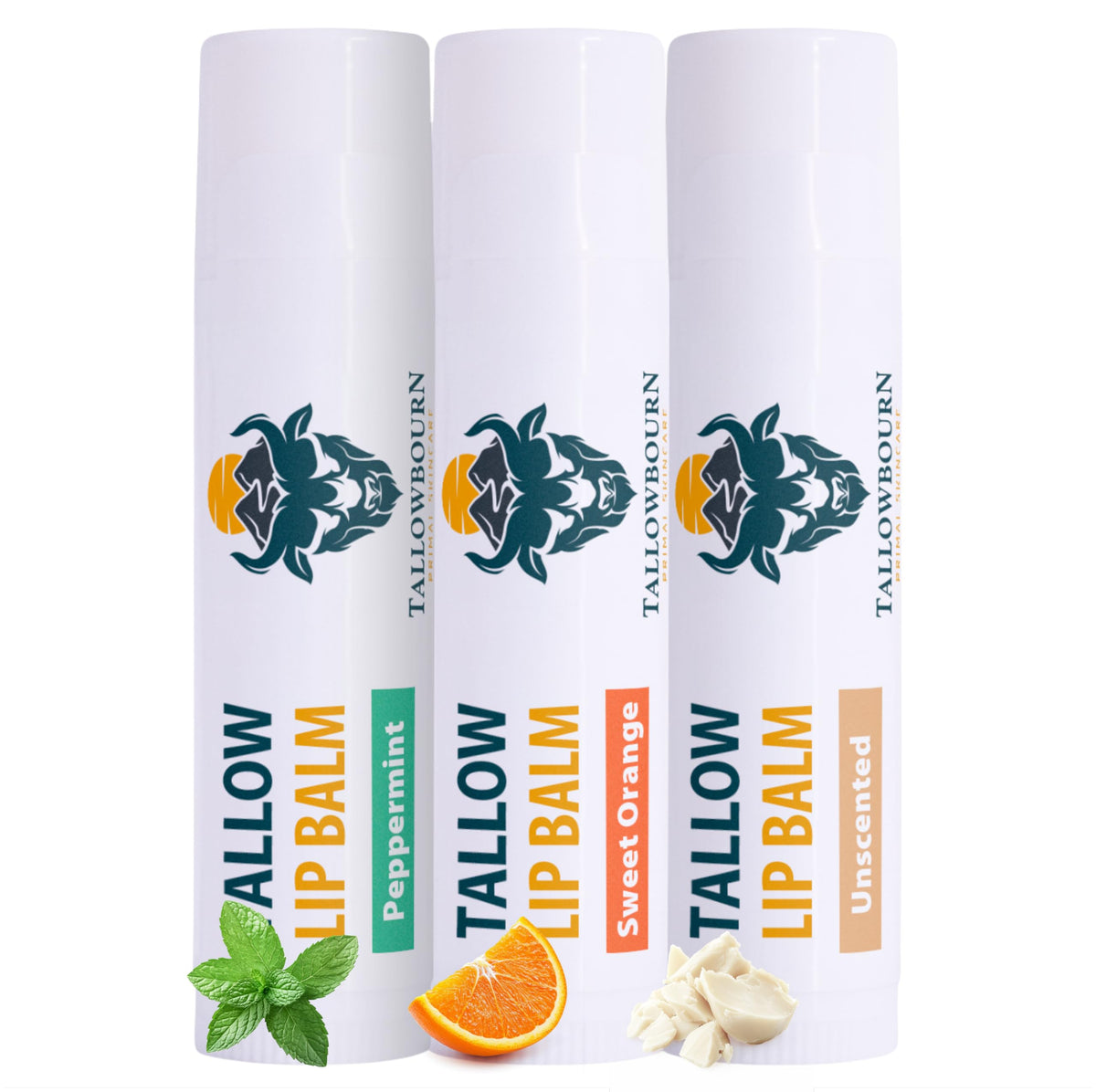 Bálsamo Tallowbourn con manteca de res pastoreada, hidratación profunda para labios.