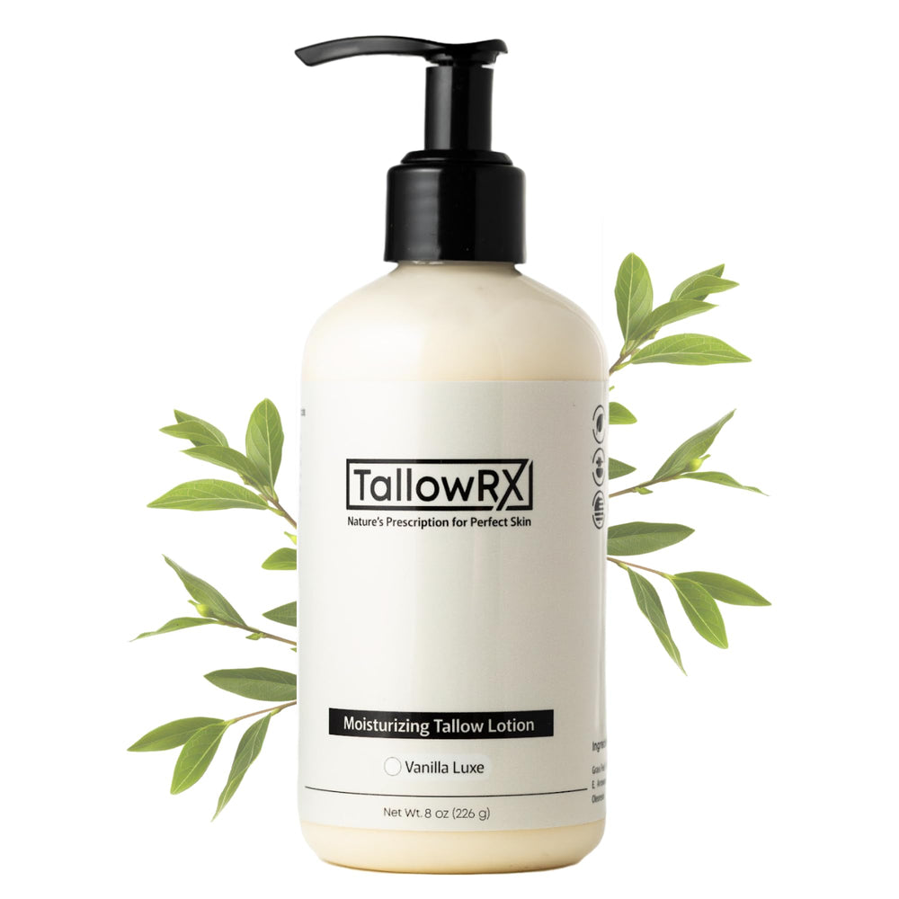 Loción TALLOWRX con sebo de res para hidratación suave de la piel.