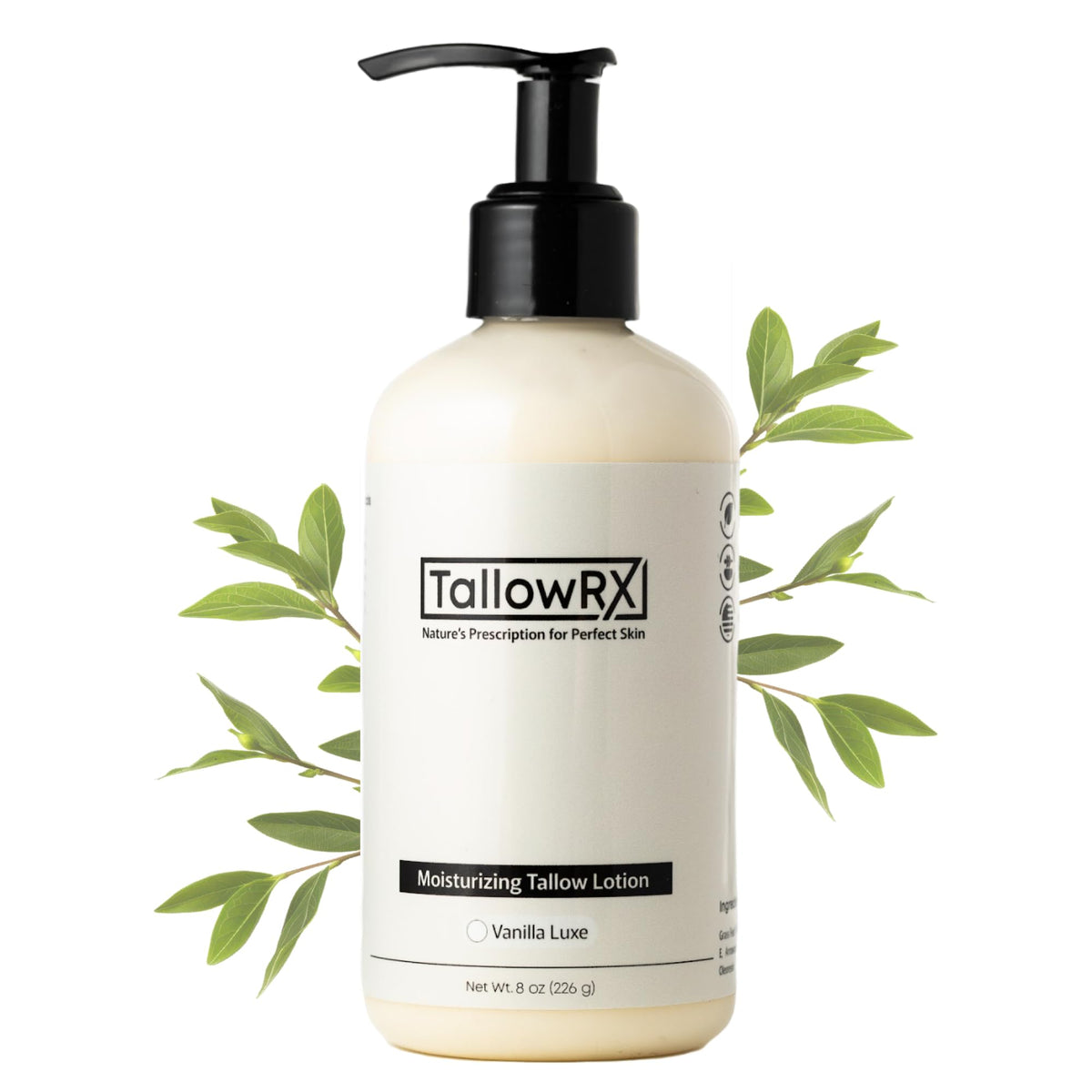 Loción TALLOWRX con sebo de res para hidratación suave de la piel.