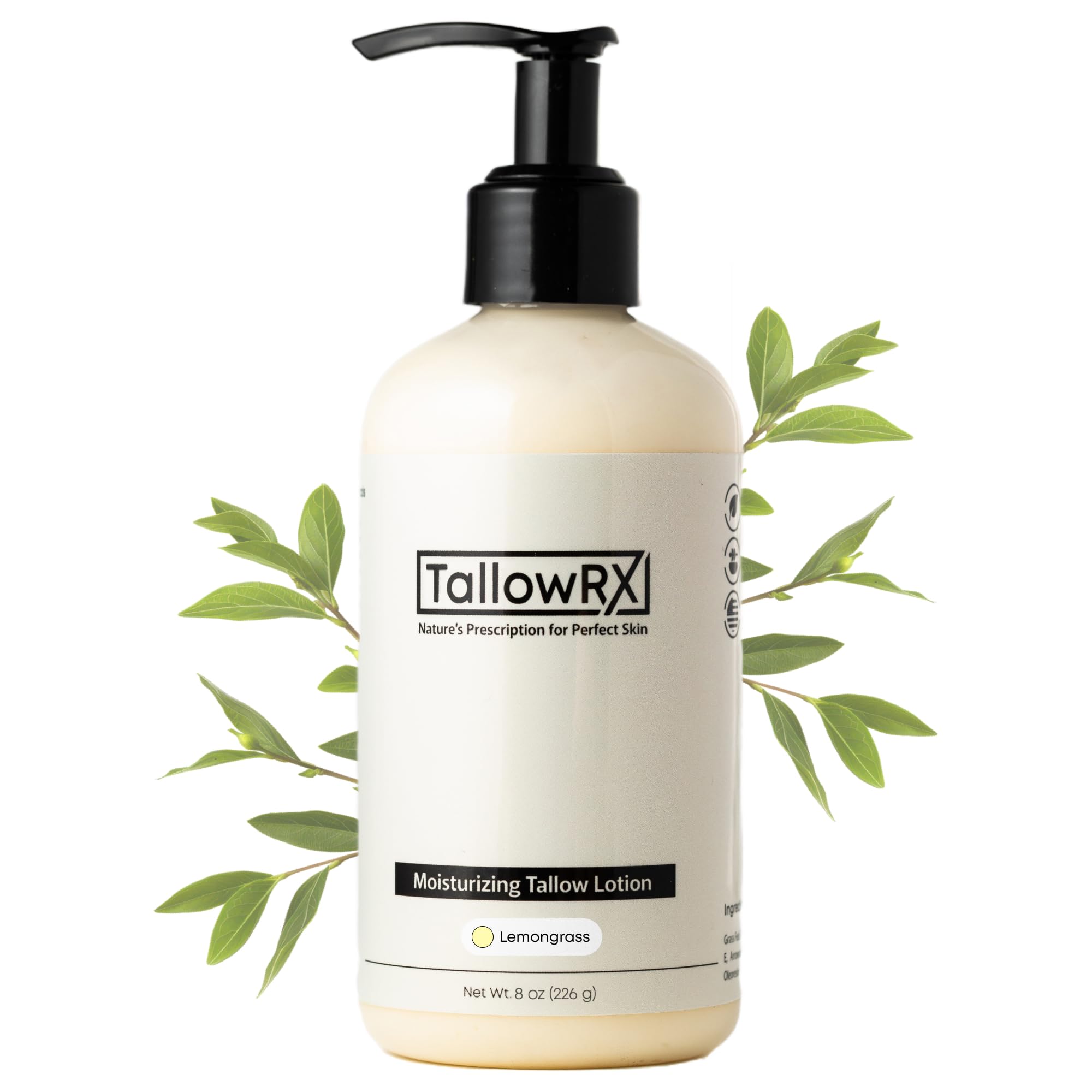 TALLOWRX botella de loción corporal con tallow y lemongrass para hidratación diaria