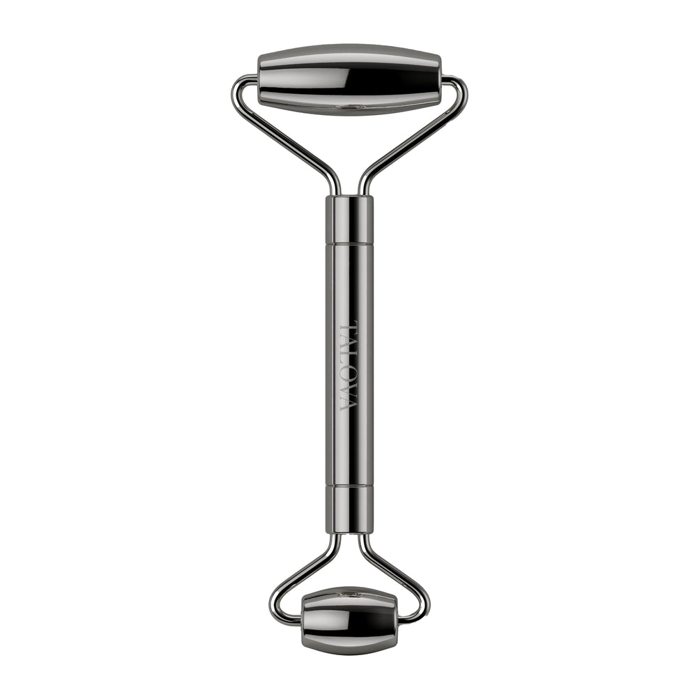TALOVA facial roller in ice-cold metal for refreshing depuff around eyes.