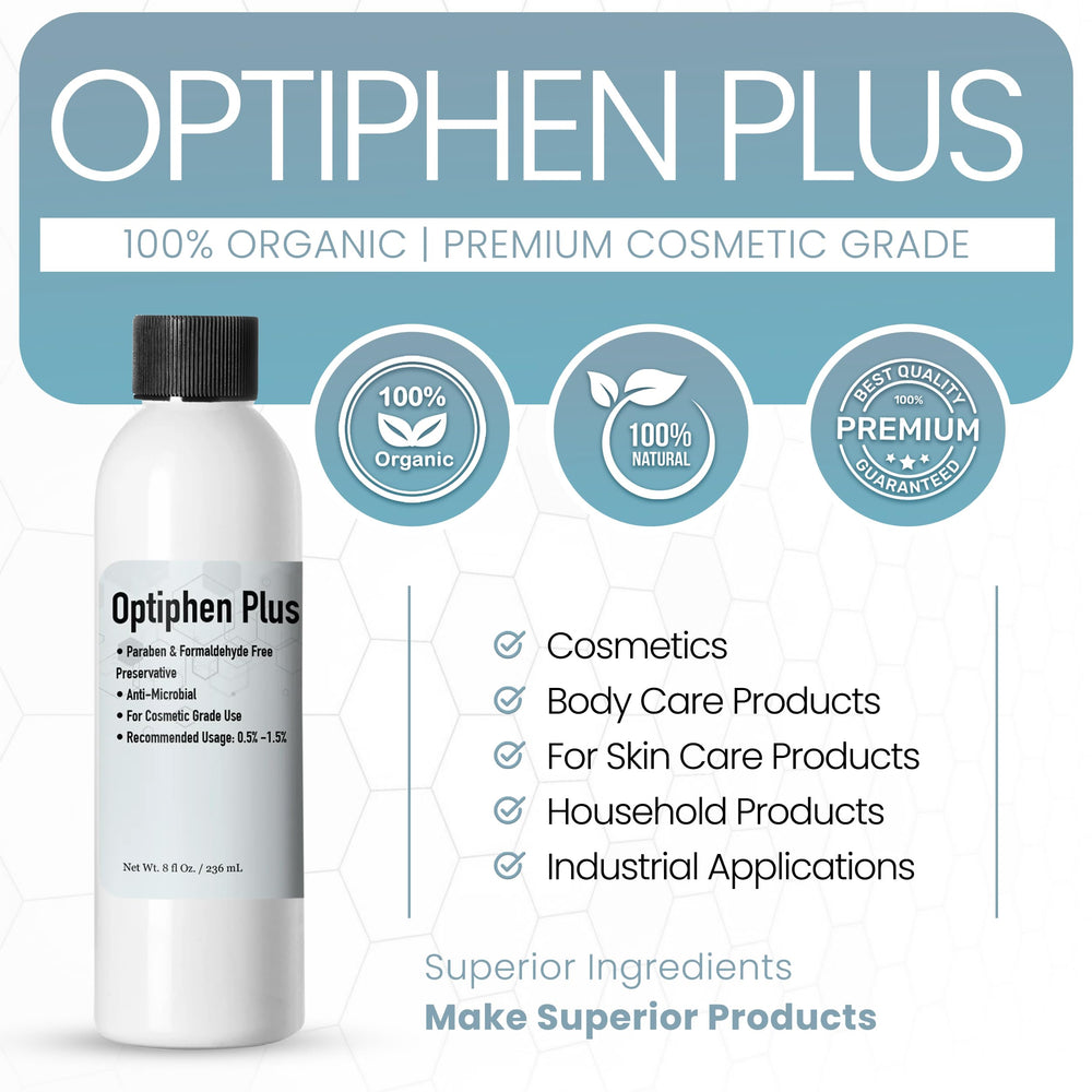 Optiphen Plus label front highlighting compatibility with water- and oil-based formulas