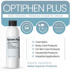 Optiphen Plus label front highlighting compatibility with water- and oil-based formulas