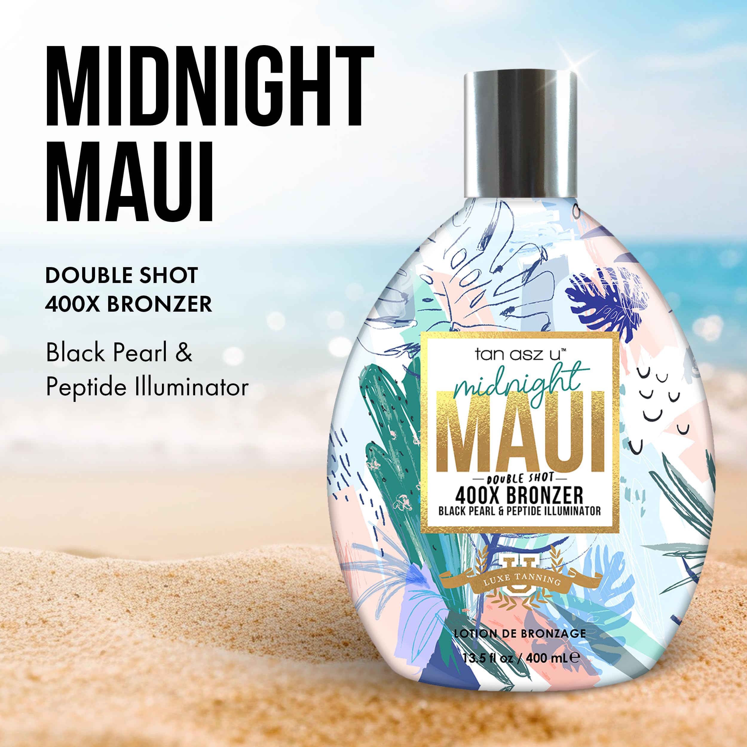 Tan Asz U Midnight Maui 400X bronzer drops macro reveal pigment-rich depth.