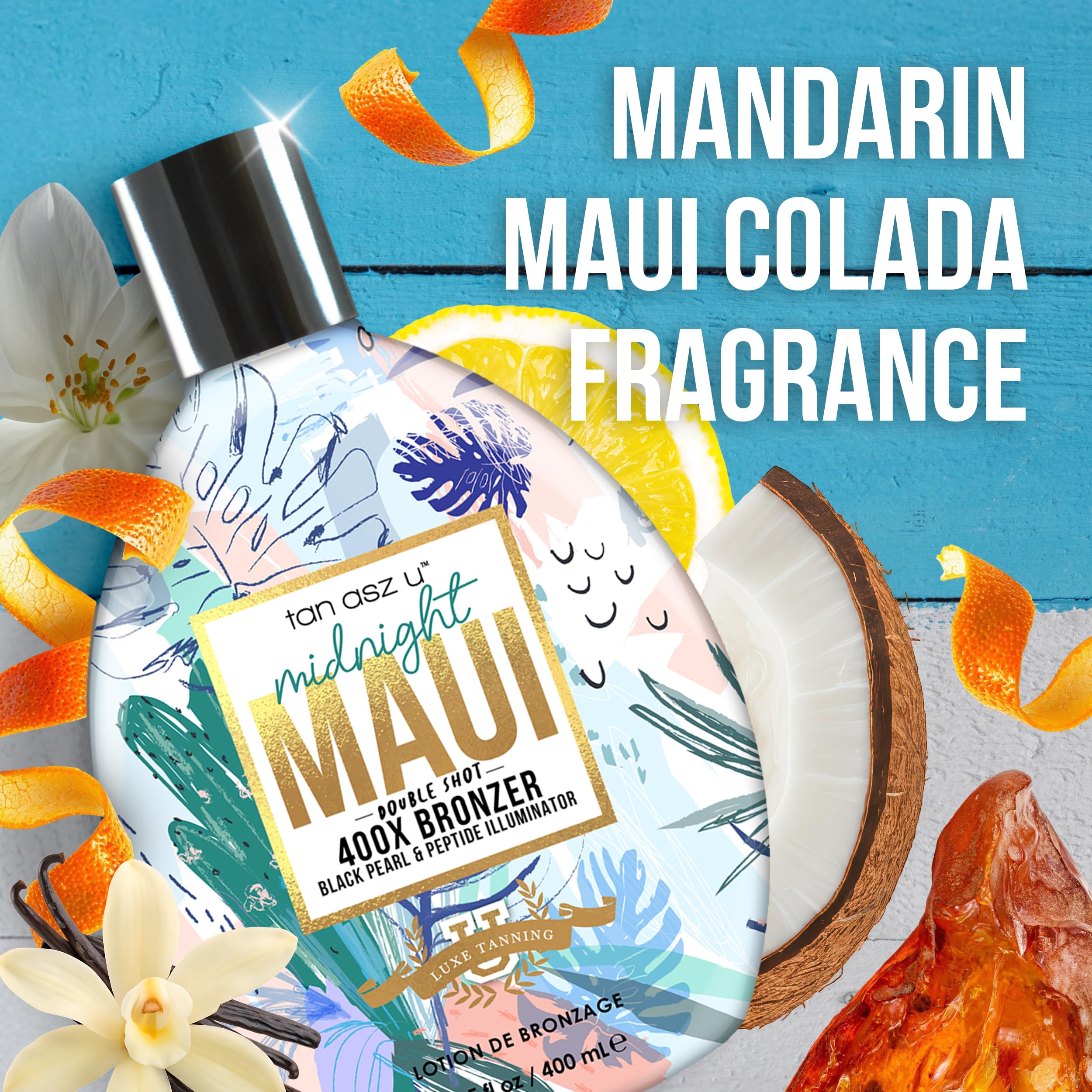 Tan Asz U Midnight Maui Black Pearl & Peptide Illuminator adds radiant warmth.