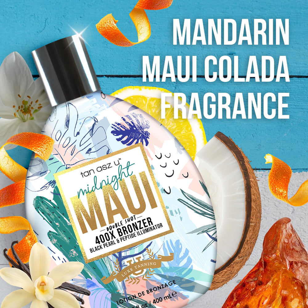 Tan Asz U Midnight Maui Black Pearl & Peptide Illuminator adds radiant warmth.