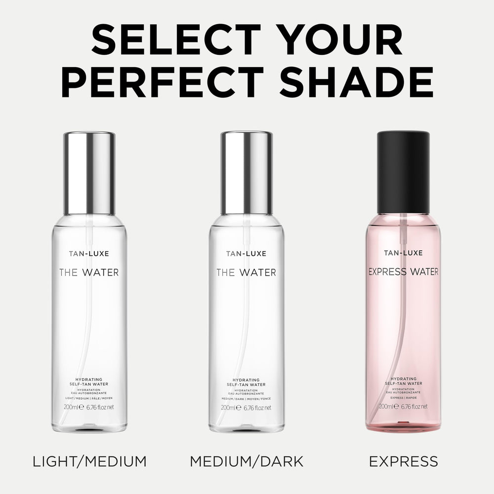 Tan-Luxe Express Water bottle label showing vegan cruelty-free formula for ethical tanning