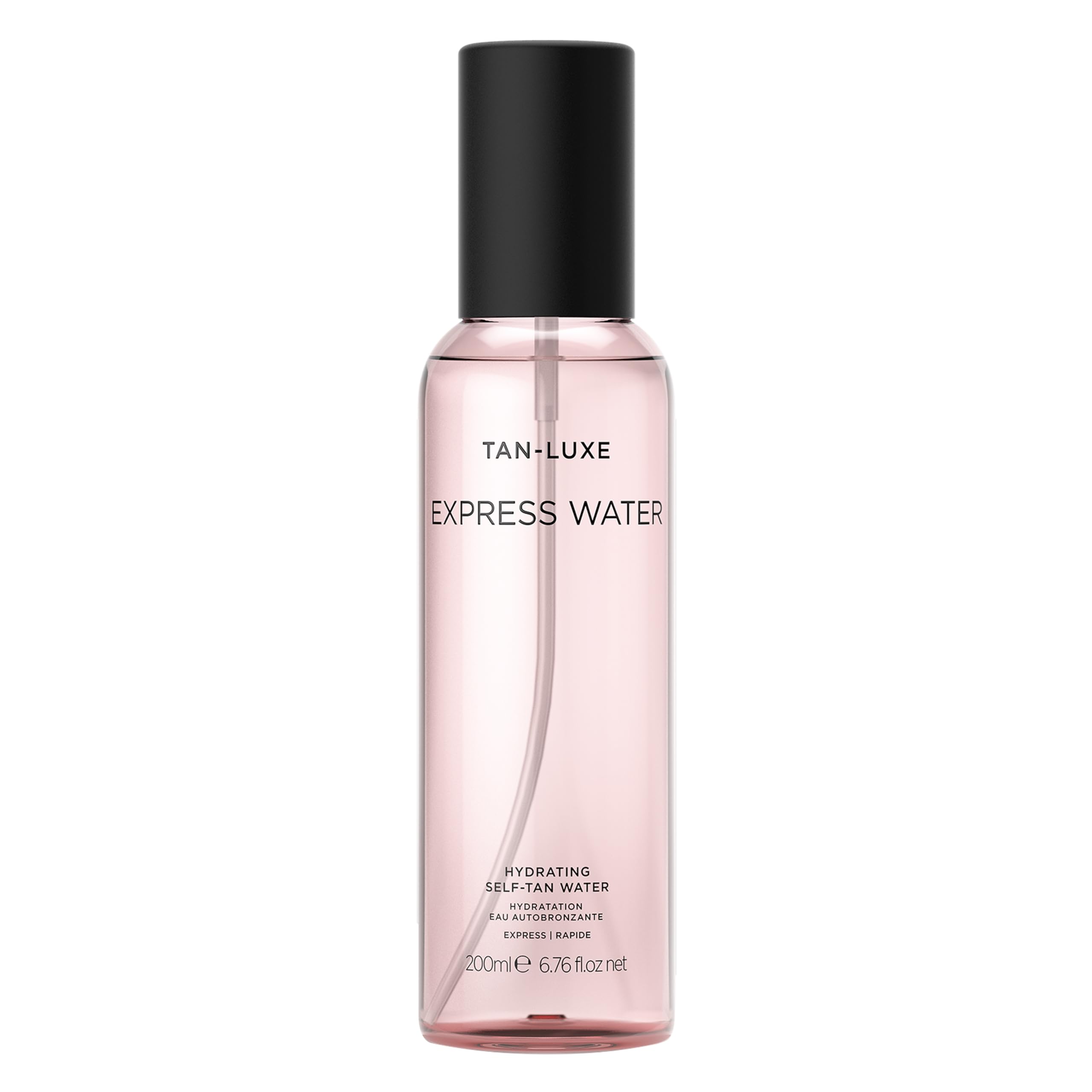 Tan-Luxe Express Water mist bottle delivering an even, natural glow