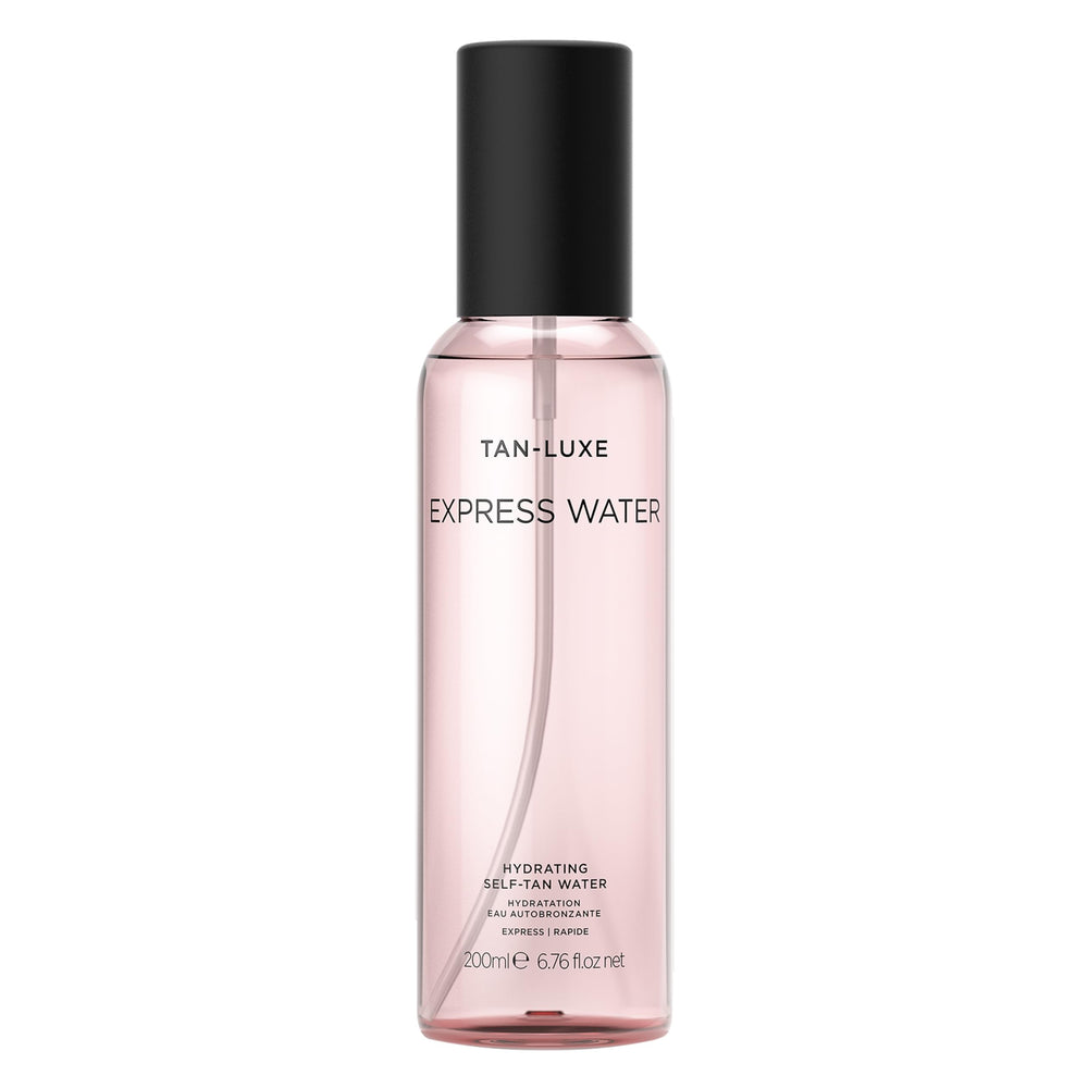Tan-Luxe Express Water mist bottle delivering an even, natural glow