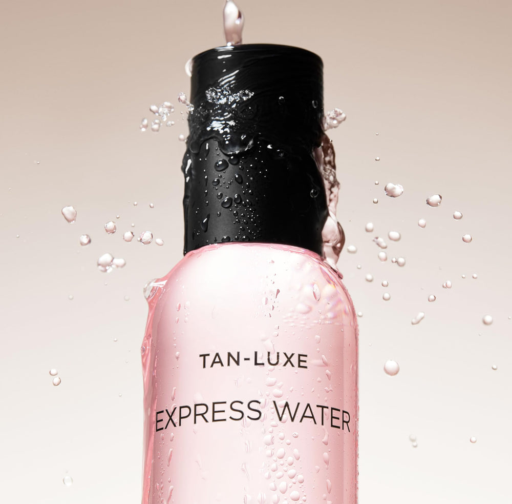Tan-Luxe Express Water packaging closeup highlighting premium bottle