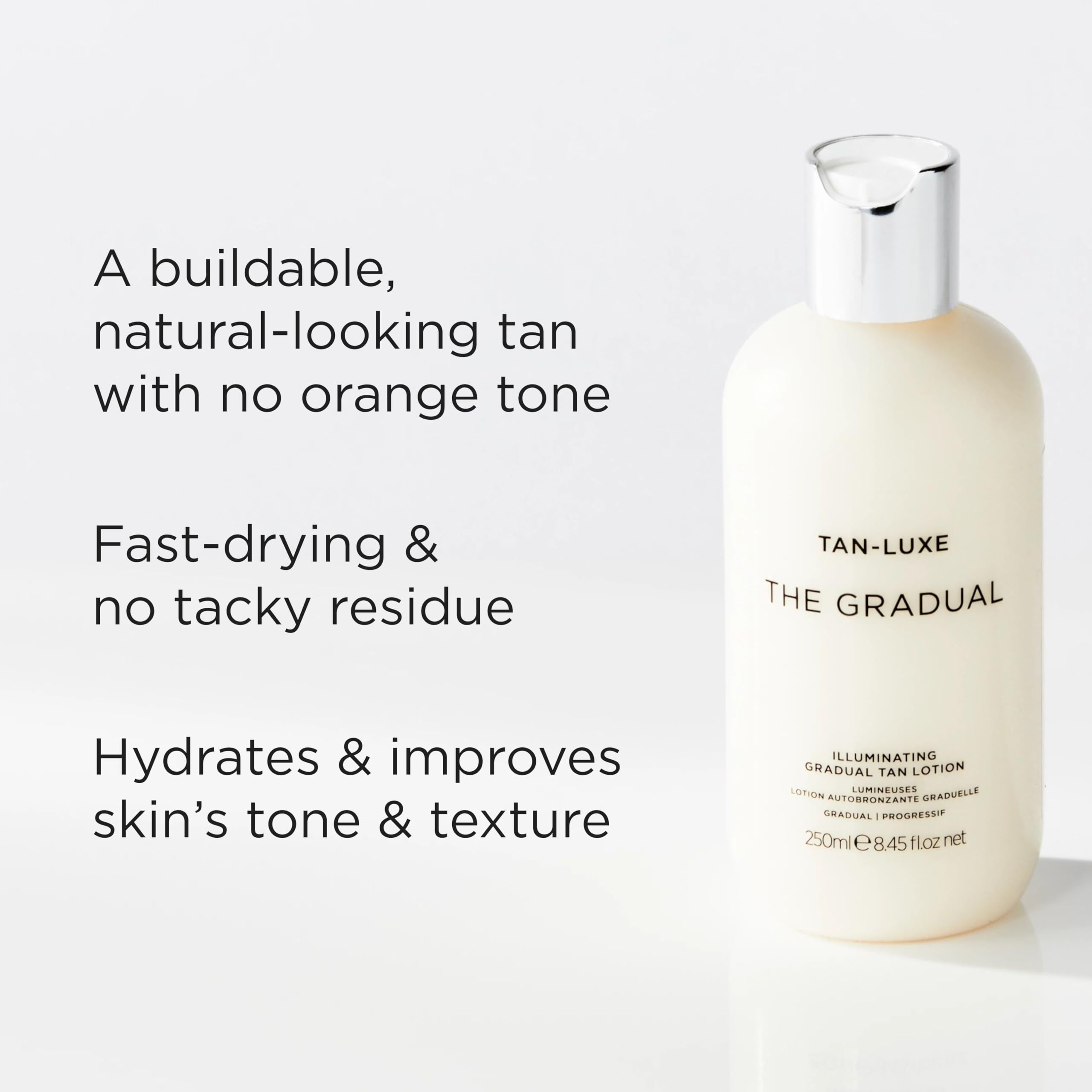 Tan-Luxe Gradual buildable-glow illustrates customizable tan with daily use.