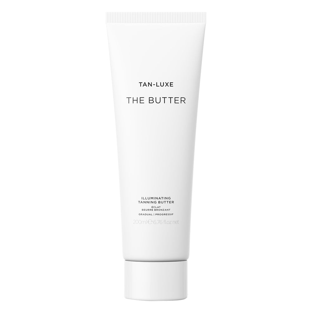 Tan-Luxe The Butter bottle closeup shows rich hydration and glow.