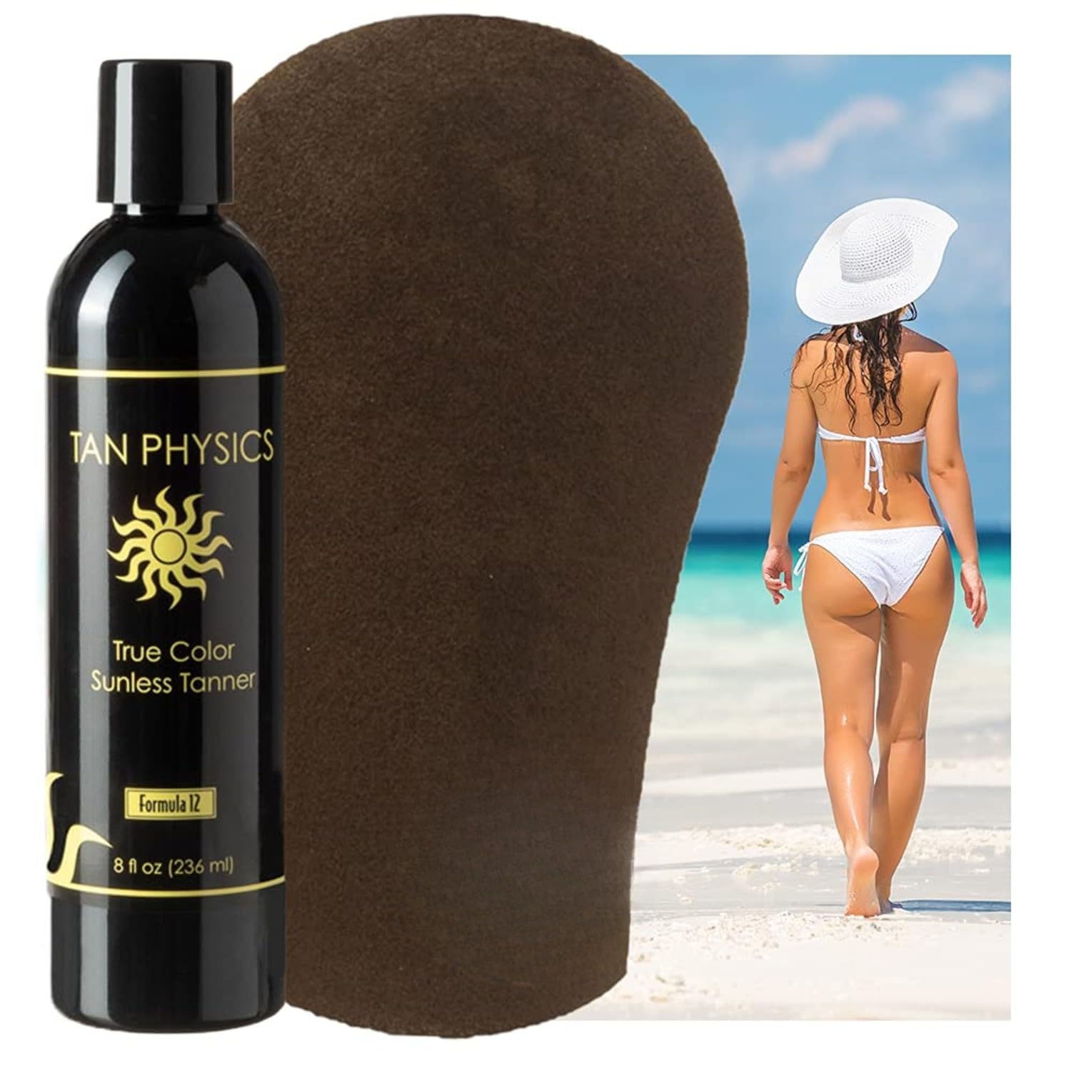 Tan Physics exfoliation gloves prepping skin for seamless results.