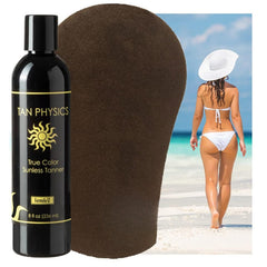 Tan Physics exfoliation gloves prepping skin for seamless results.