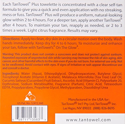 Tan Towel Plus packaging close-up showing easy to use self tan towelettes