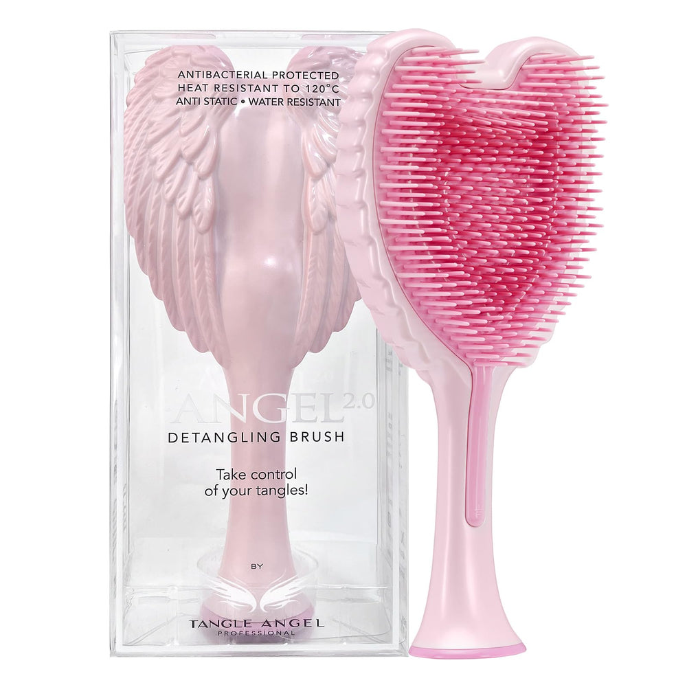 Tangle Angel gloss pink angel-wing brush for smoother detangling.
