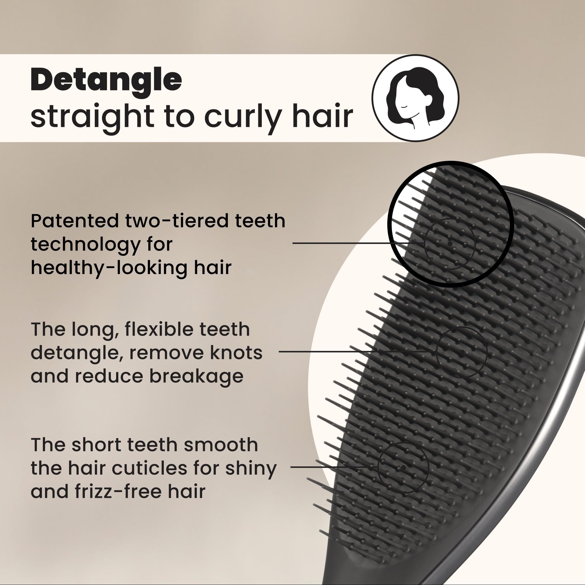 Tangle Teezer Chrome detangler with long and short teeth reduces breakage.