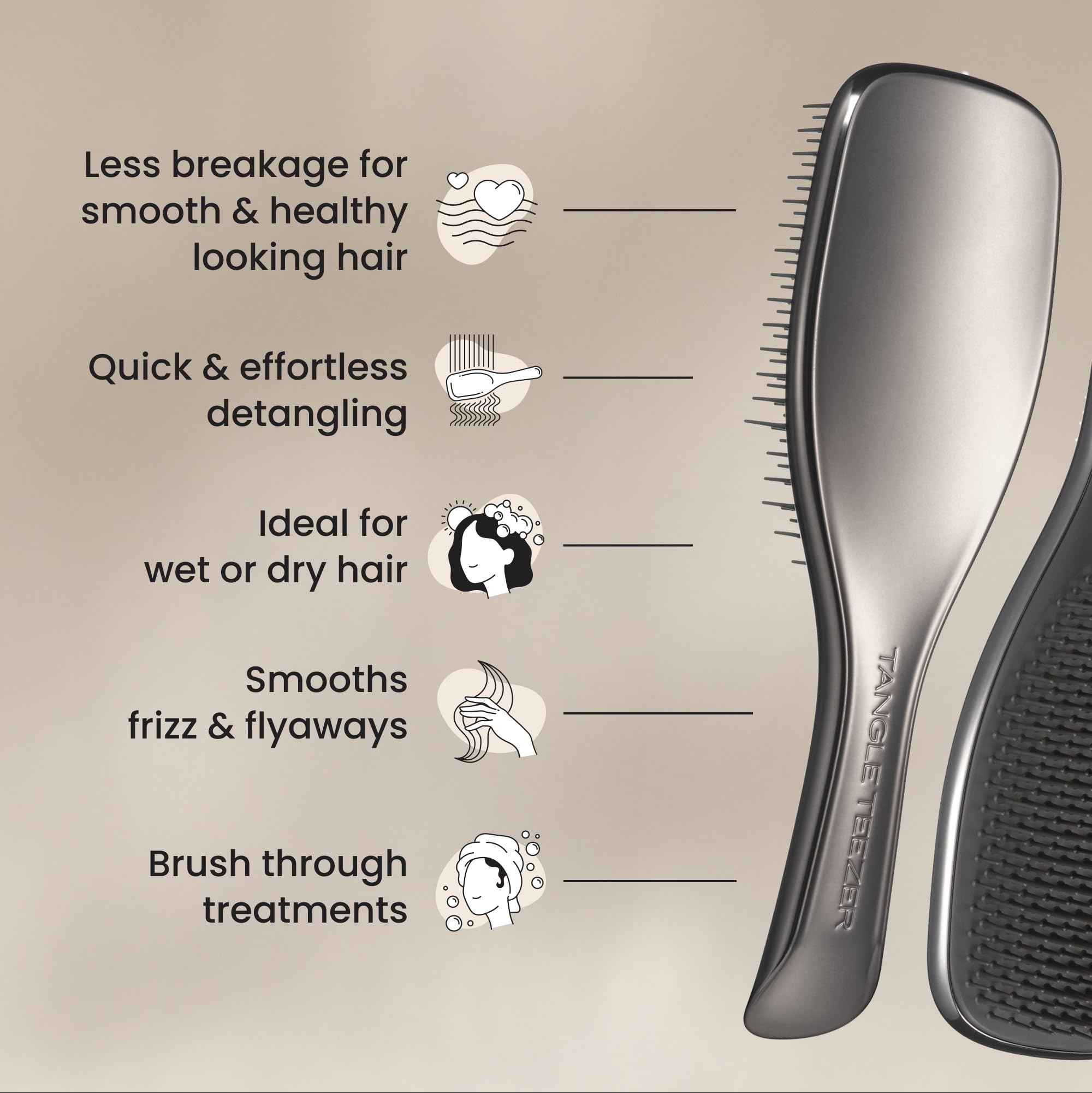 Tangle Teezer Chrome ergonomic grip for comfortable detangling sessions.