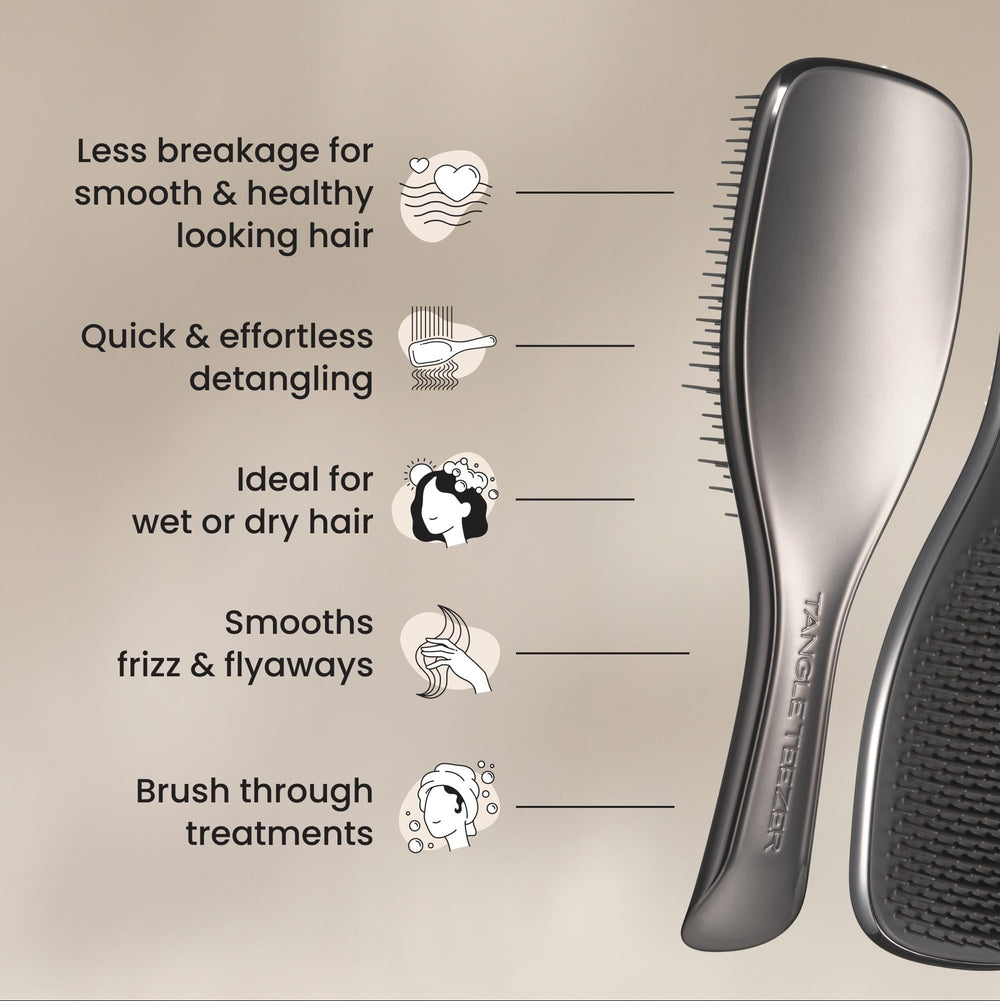 Tangle Teezer Chrome ergonomic grip for comfortable detangling sessions.