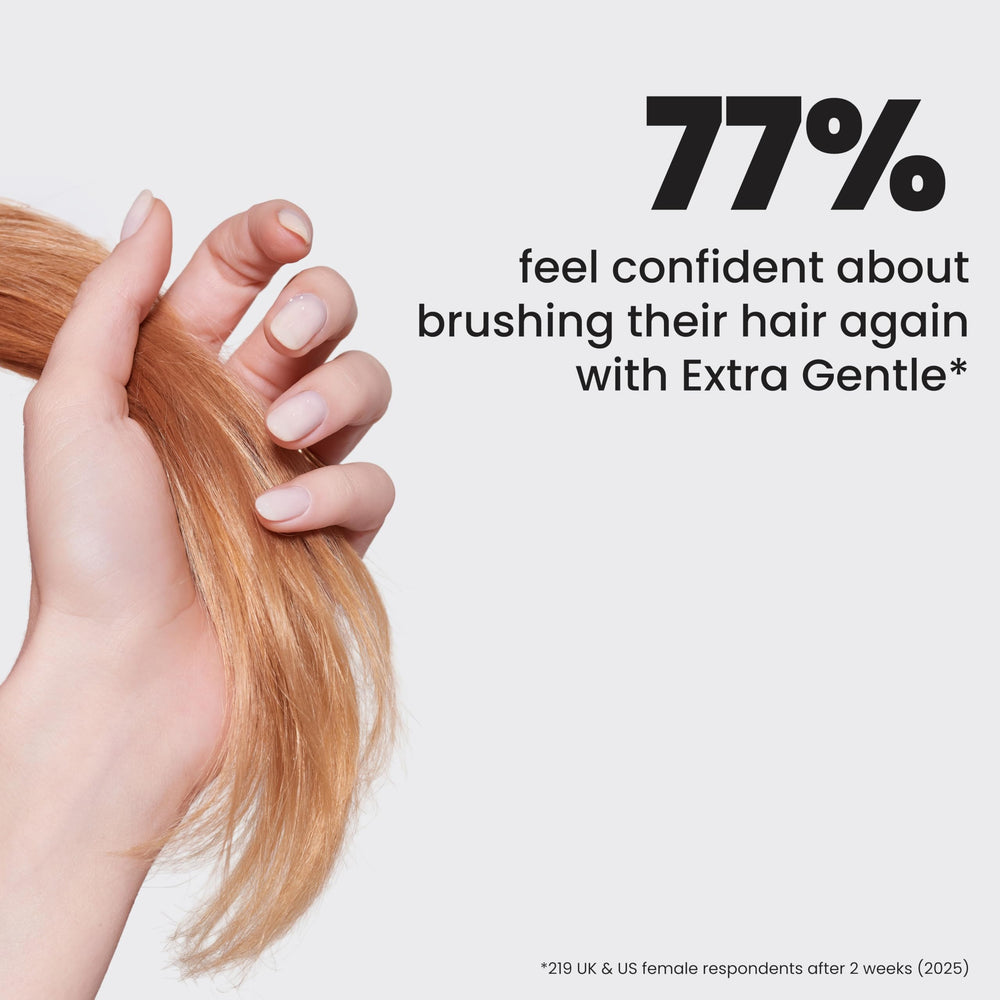 Tangle Teezer Extra Gentle Detangler shown in a bathroom setup for daily use.