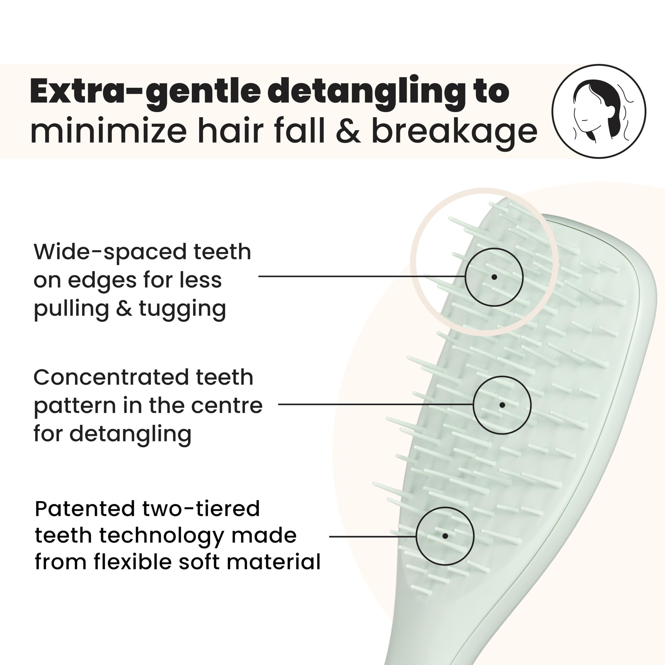 Tangle Teezer Extra Gentle Detangler bristle pattern detail for effective, gentler detangling.